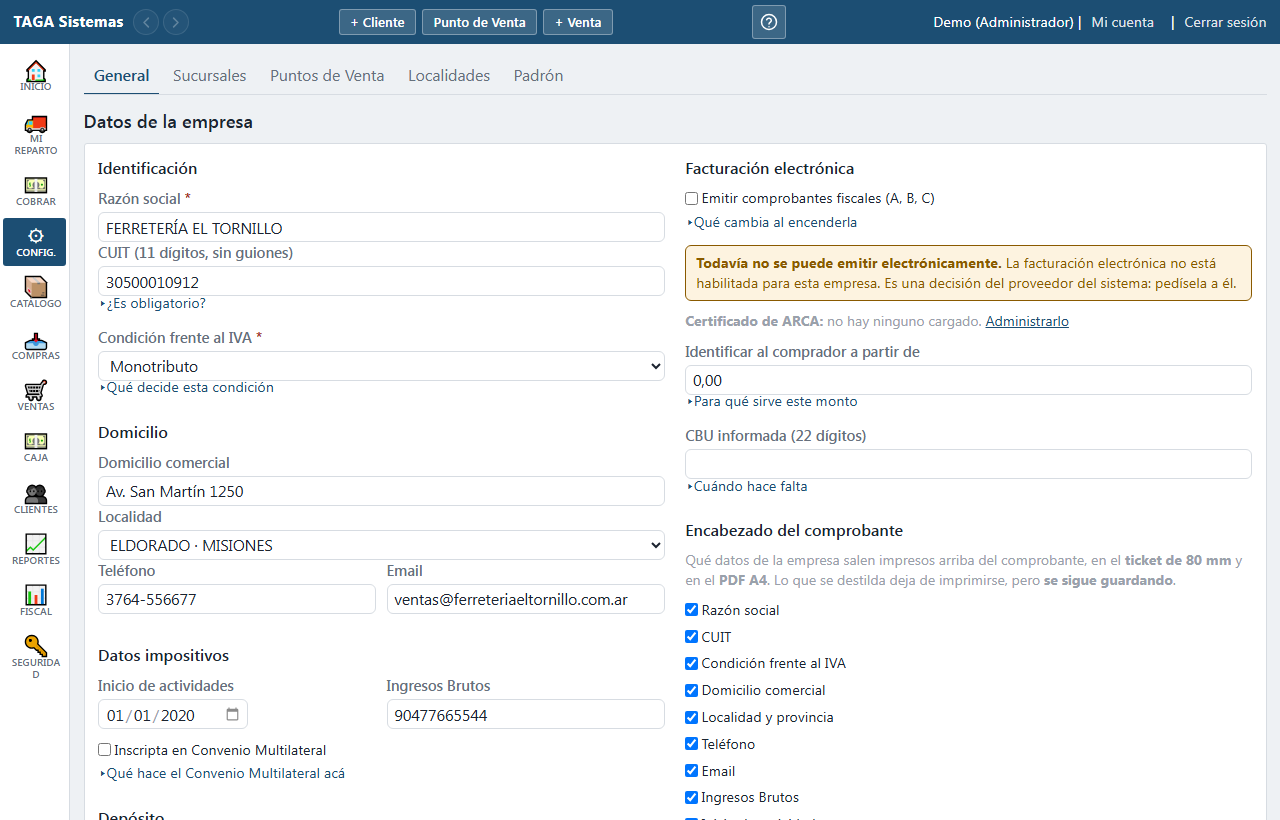 Los datos de la empresa con sus interruptores de encabezado.