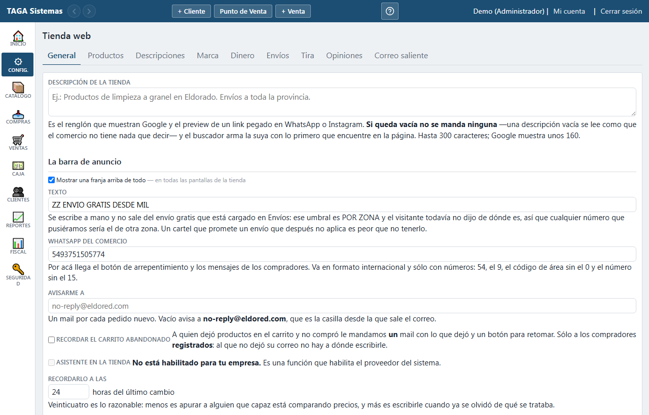 La configuración de la tienda web con sus nueve solapas.