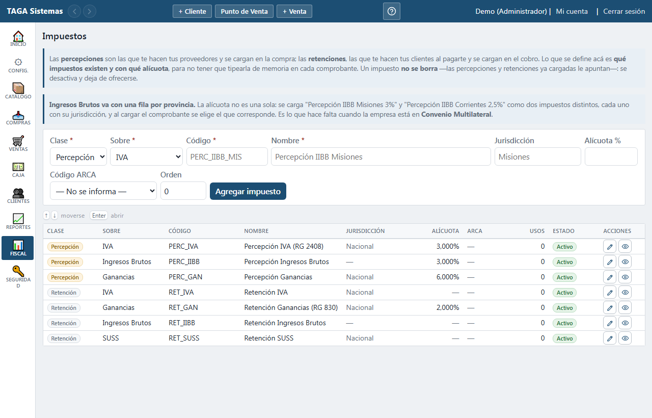 El catálogo de impuestos con sus alícuotas.